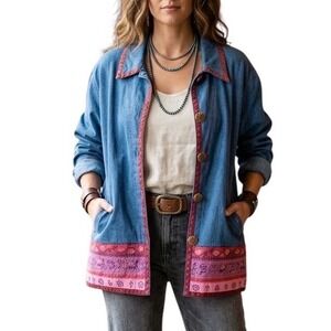 Cedar Canyon Denim Jacket Embroidered Silk Trim Boho Western Button Up M/L
